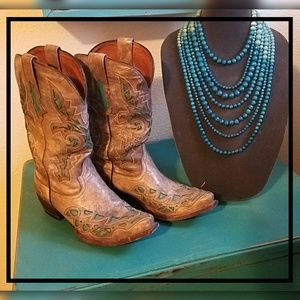 Lucchese cowgirl boots tan/turquoise size 8